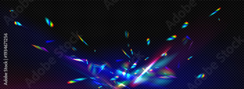 Realistic rainbow prismatic light effect on dark transparent background. Colored lens flare and light refraction effect.