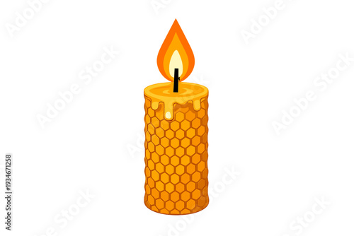 Wax candle with a flame and honeycomb design on an isolated background
