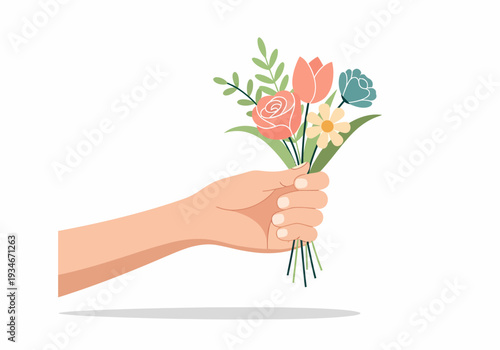 Hand holding a bouquet of flowers.