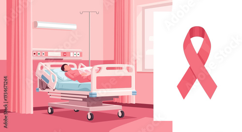 Cancer Patient Recovering In Hospital Bed With Pink Ribbon Symbolizing Hope For The Future