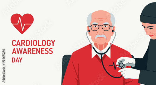 Cardiology Healthcare Awareness Illustration Depicting Elderly Patient Examined by Doctor
