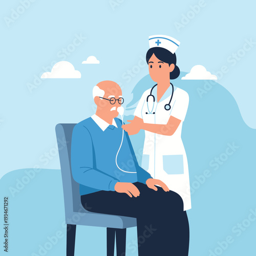 Caring Nurse Assisting Senior Patient with Oxygen Therapy for Respiratory Support in Clinic