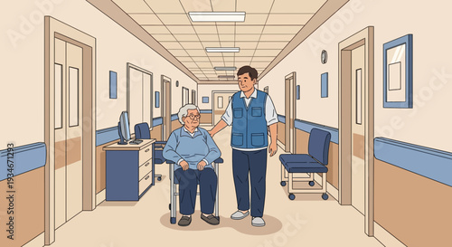 Caring Attendant Assists Elderly Man in Wheelchair Through Hospital Corridor Scene