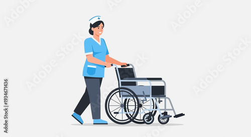 Caring Nurse Guides Wheelchair: Compassion and Assistance in Healthcare Setting Illustration