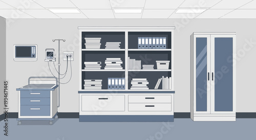 Clean And Minimalist Medical Office Illustration In Monochrome With Furnishings