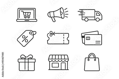 Online shopping icons showing various activities and tools used in