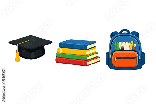 Graduation cap books in different colors and a backpack with school