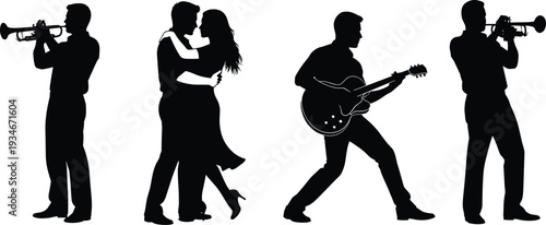 Jazz musicians and dancing couple silhouettes set, trumpet player and guitarist figures, romantic ballroom dance icons, isolated black vector collection.