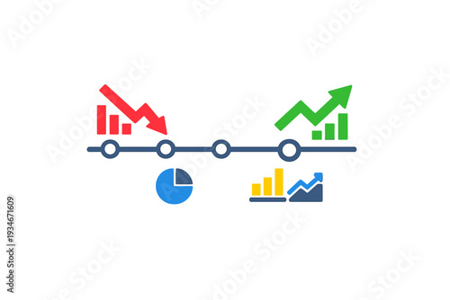 Financial trends show rising and falling patterns with graphs and