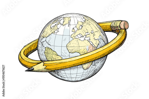Pencil circles the globe showing the connection of education and the