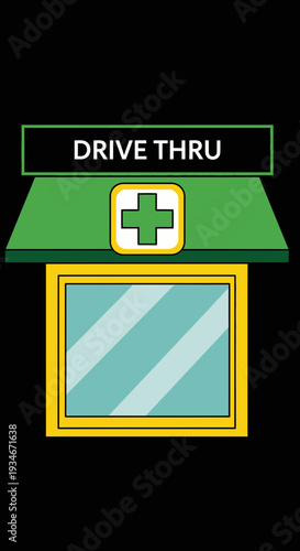 Cartoon Drive-Thru Pharmacy Illustration with Green Colors and Medical Cross Symbol