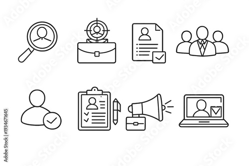 Icons show search job application recruitment process team meeting and