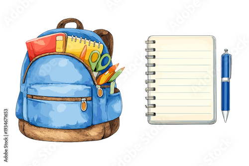 Bright blue backpack with school supplies and blank notebook on a
