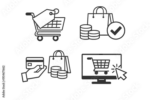 Online shopping process with cart payment and checkout actions in