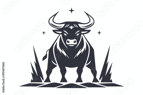 Intimidating black and white bull portrait displays fierce eyes and powerful horns clearly