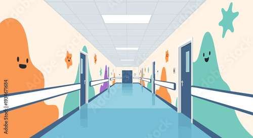 Cartoon Hospital Corridor With Cheerful Wall Decorations And Inviting Atmosphere