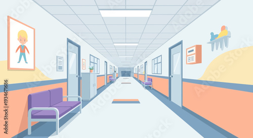 Cartoon Hospital Hallway Illustration: Waiting Room and Doctor's Office Design