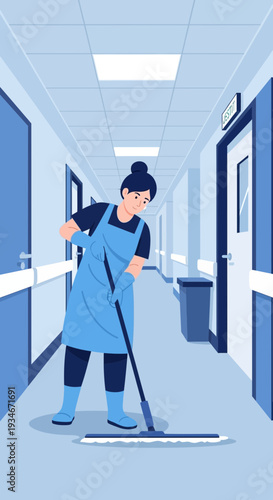 Cleanliness and Maintenance Professional Mopping Hospital Corridor Ensuring Sanitation and Hygiene