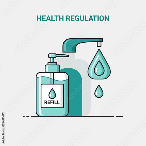 Cleanliness Protocol Depicted: Hygienic Hand Sanitizer Dispenser and Water Tap Illustration