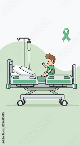 Cartoon Illustration of A Child Patient Seated in A Hospital Bed With Hope and Recovery