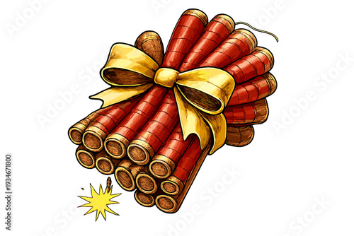 Collection of fireworks with a yellow bow on top spark ready to ignite