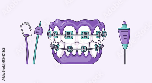 Cartoon Orthodontic Appliance Illustration Depicting Dental Health and Teeth Correction