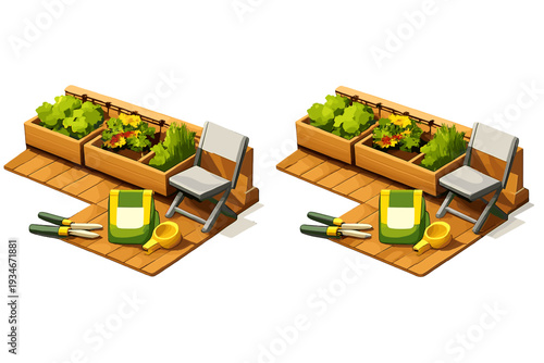 Gardening tools and chairs next to plant boxes on a wooden deck in a