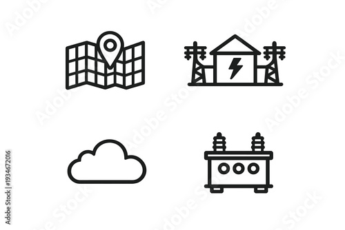 Icons representing map location power station cloud and transformer in