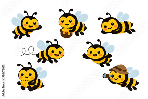 Cute cartoon bees engaging in various activities such as collecting