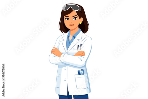 Doctor stands with arms crossed in a lab coat while wearing sunglasses