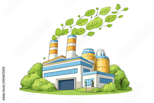 Factory with green technology and trees showing innovation in