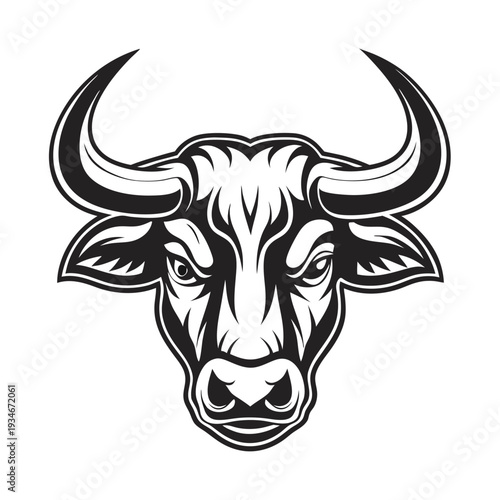 Intimidating black and white bull portrait displays fierce eyes and powerful horns clearly