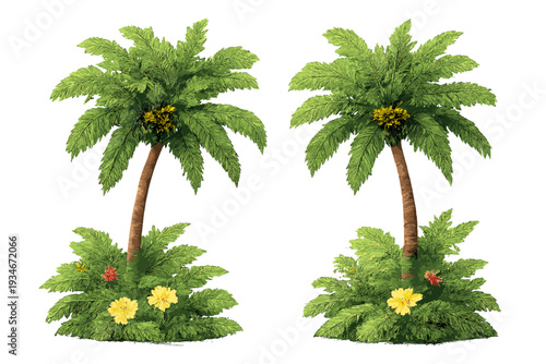 Palm trees with leaves and flowers in green landscape on a bright day