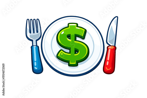 Fork and knife next to a dollar sign on a plate showing food costs and