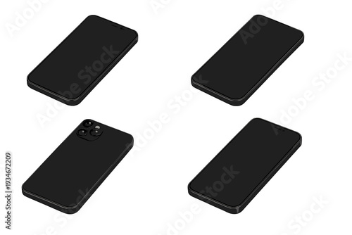 New black smartphone design displayed from different angles on a plain