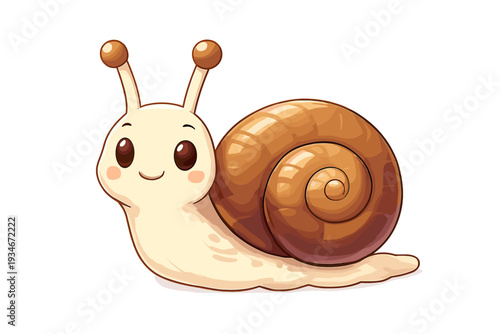 Cute cartoon snail with a smiling face and large shell crawls on a