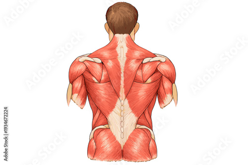 Muscle anatomy diagram showing the back muscles of a human from a rear
