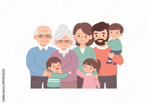 Happy Cartoon Family with Children and Grandparents.