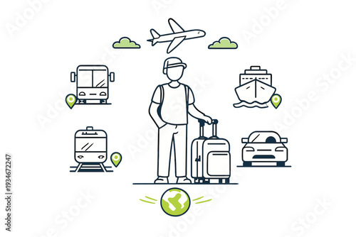 Travel options include various modes of transport with a traveler