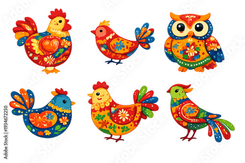 Colorful birds and animals made from clay with floral designs on a
