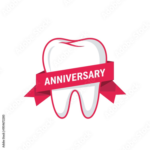 Celebratory Dental Emblem Showcasing Anniversary Text with Bright Red Ribbons and Tooth Graphic