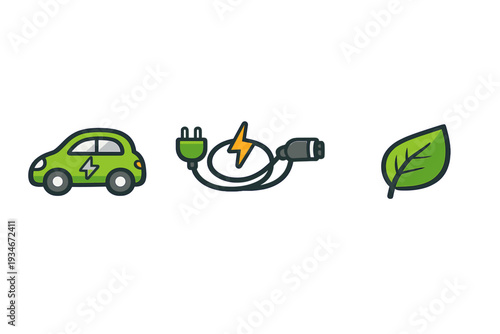 Electric car with charging cable and leaf representing clean energy