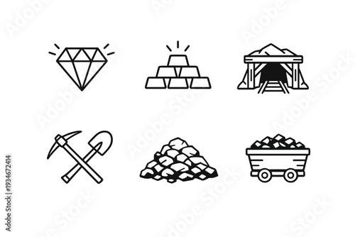 Icons representing mining and mineral extraction with tools gems and