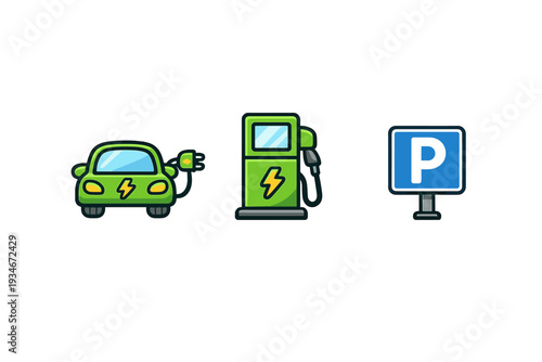 Green car and electric fuel station with parking sign in simple design