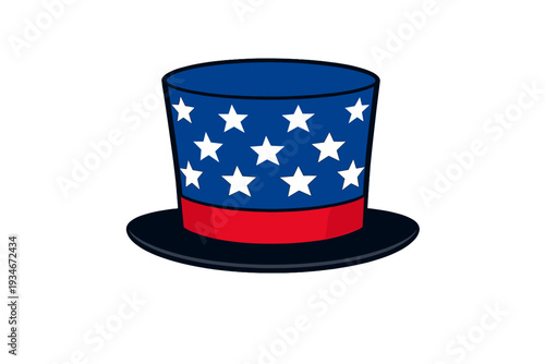 Bright blue top hat with stars and a red band shown in a simple design