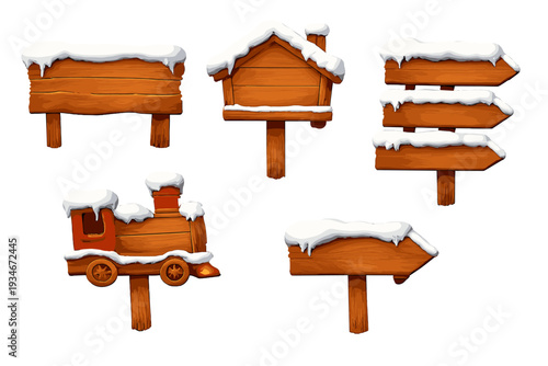 Wooden signs with snow and a train in a winter setting