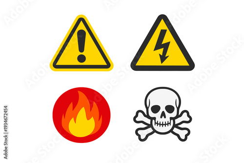 Warning signs of danger including caution electrical hazard fire