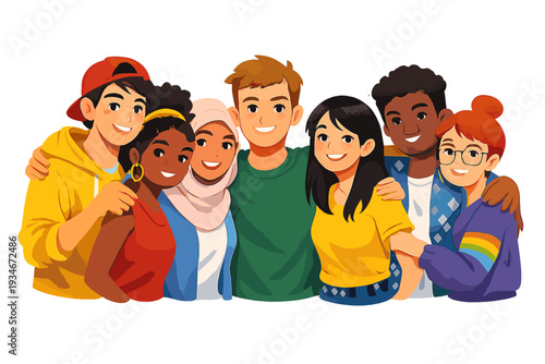 Group of diverse friends hugging and smiling together in a casual