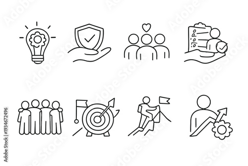 Collection of simple line drawings showing different concepts like