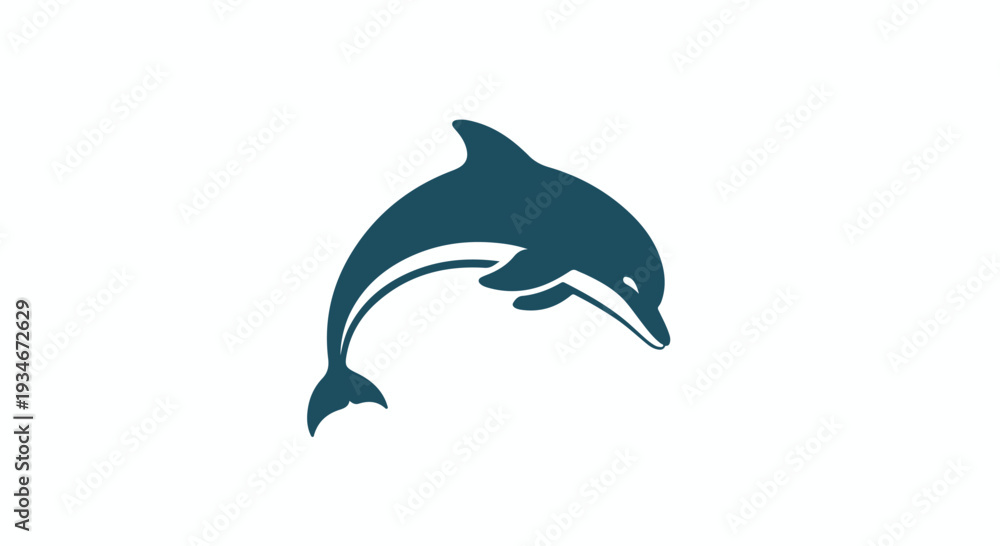 Fototapeta premium Dark blue dolphin silhouette jumping out of water on a white background with a playful mood.